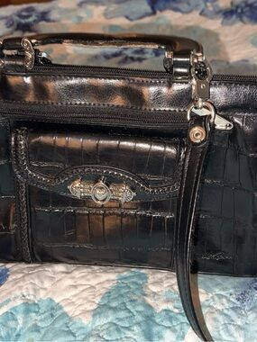 Marc Chantal Croc Embellished Black Leather Shoulder Handbag Heart Accent MC